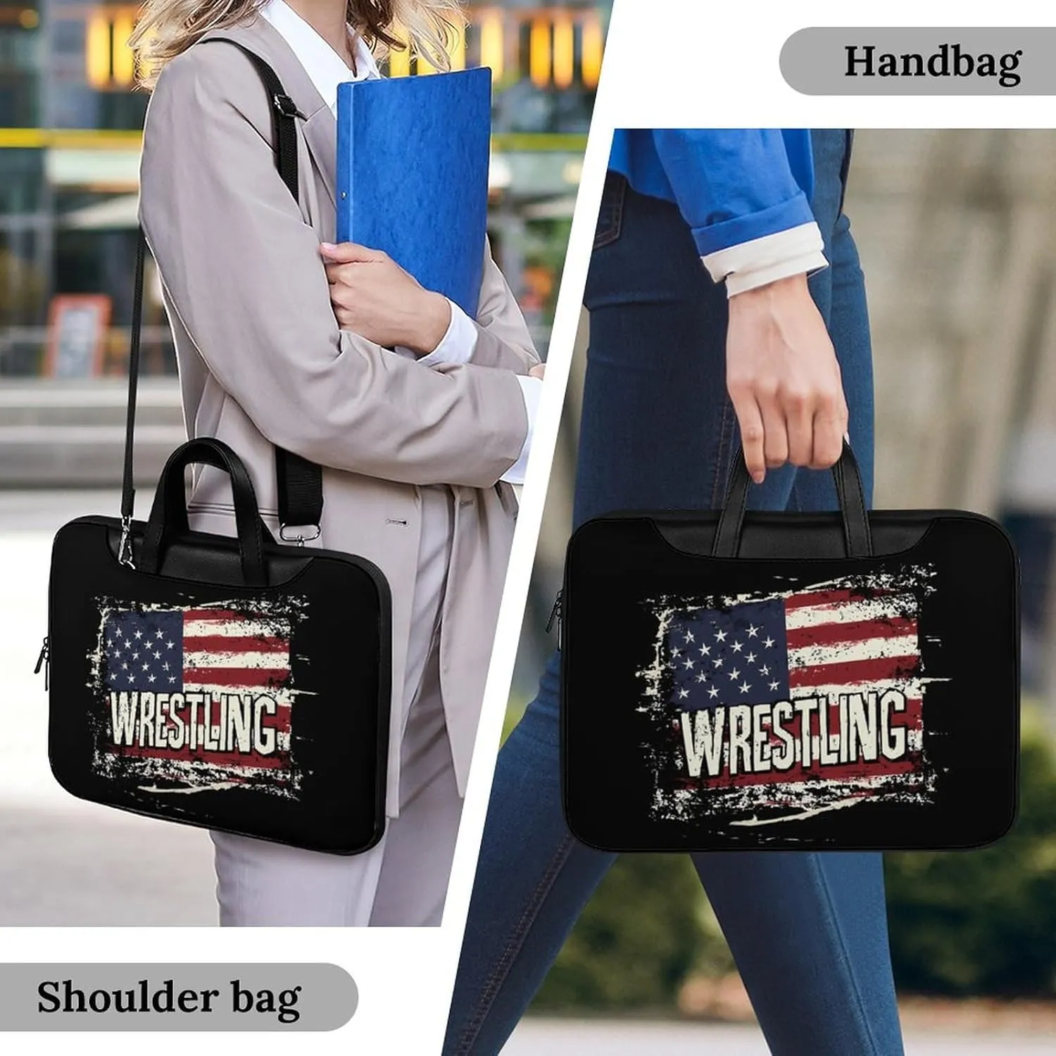 Vintage Wrestling U.S.A Flag Leather Bag Laptop Case Slim Water Resistant Computer Bags with Handle Briefcase for Work