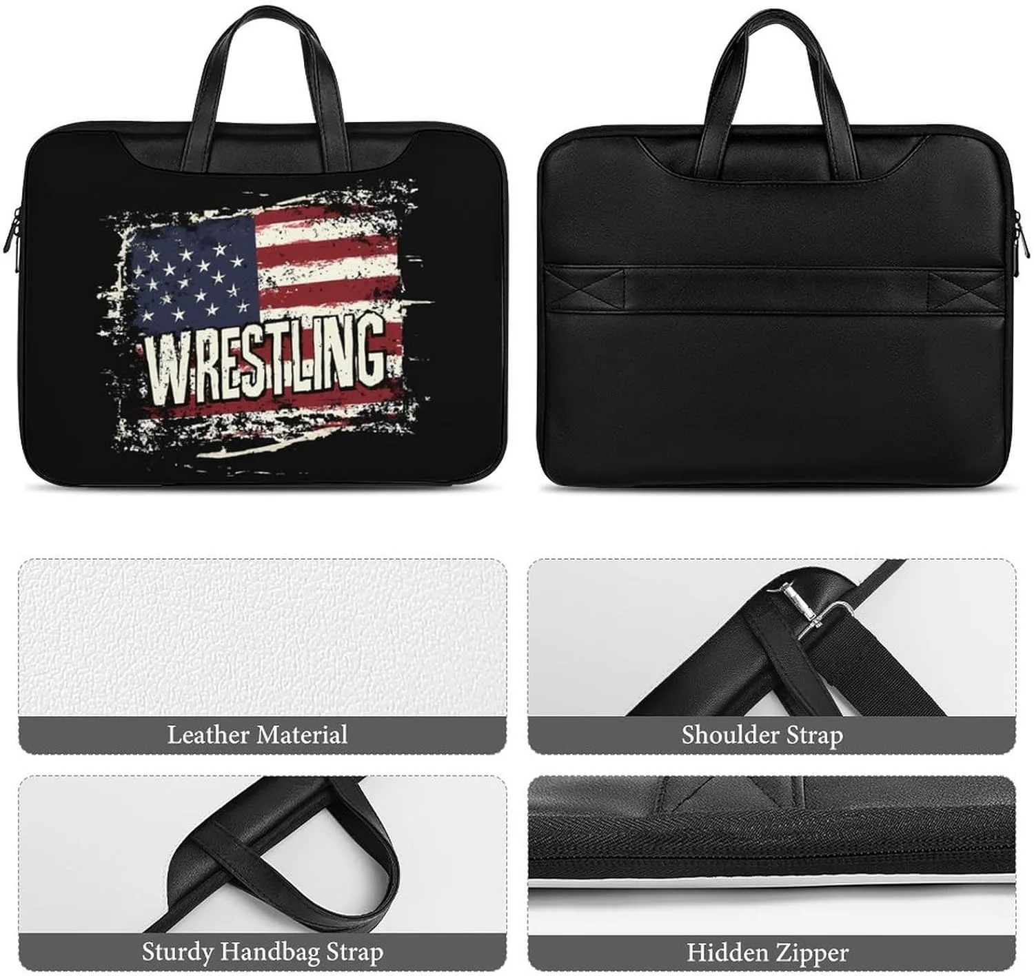 Vintage Wrestling U.S.A Flag Leather Bag Laptop Case Slim Water Resistant Computer Bags with Handle Briefcase for Work