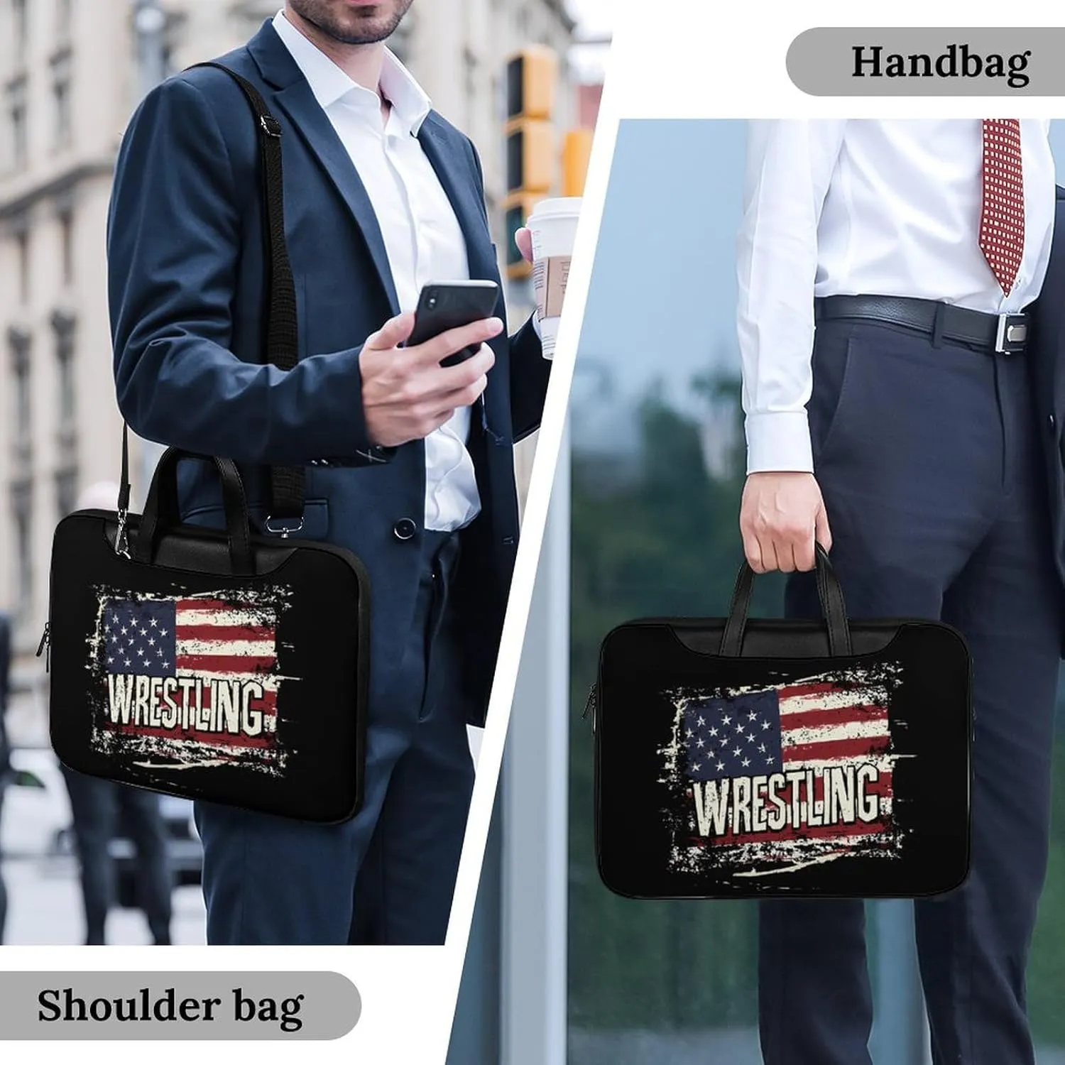 Vintage Wrestling U.S.A Flag Leather Bag Laptop Case Slim Water Resistant Computer Bags with Handle Briefcase for Work