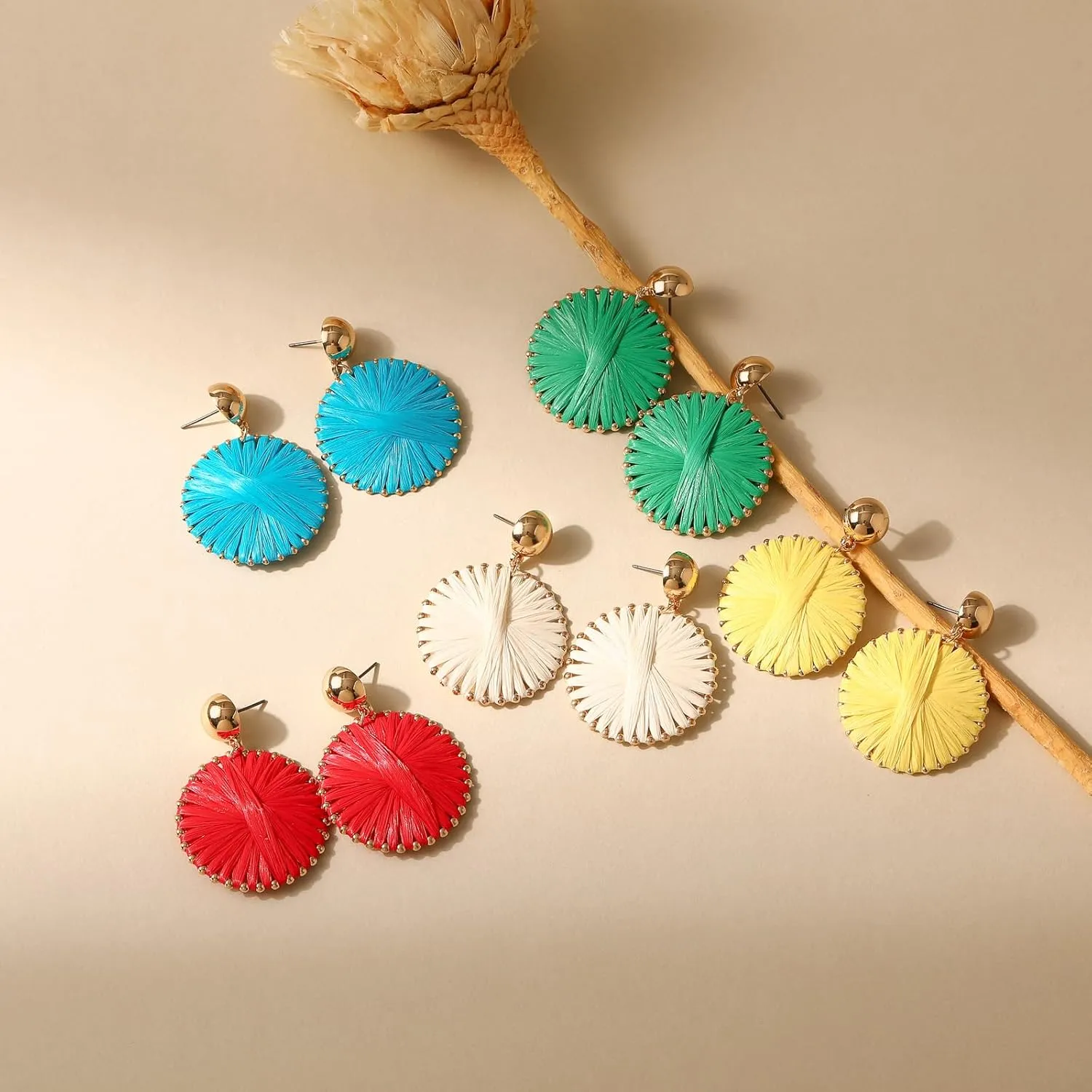 Viva Joya Boho Raffia Drop Dangle Earrings, Beach Statement Earrings for Women, Colorful Lightweight Handmade Woven Jewelry