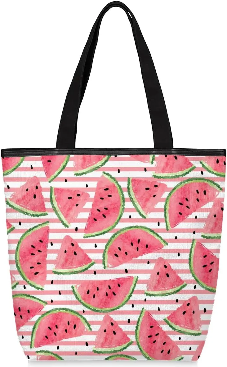 Watercolor Striped Watermelon Canvas Tote Bag with Zipper and Pockets Canvas Tote Shopping Bag Women Reusable Grocery Bag for Beach Travel Gym Shopping
