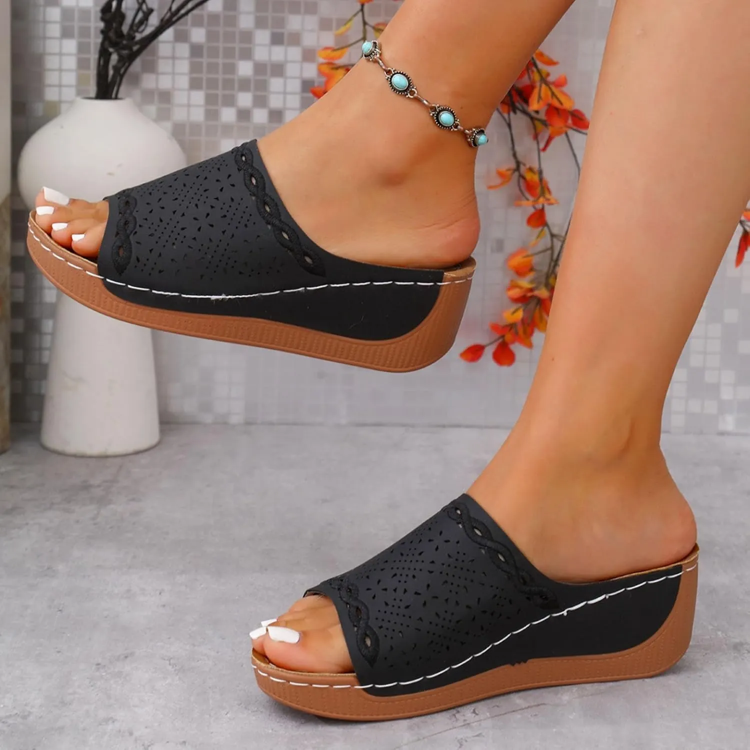 Wedge Sandals for Women Dressy Summer Comfortable Sandals Slip-On Platform Wedge Slides Shoes Casual Walking Hollow Out Beach Shoes