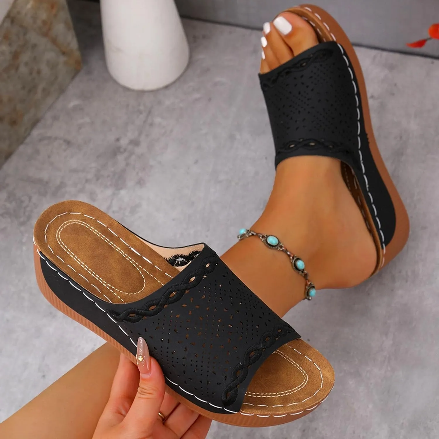 Wedge Sandals for Women Dressy Summer Comfortable Sandals Slip-On Platform Wedge Slides Shoes Casual Walking Hollow Out Beach Shoes