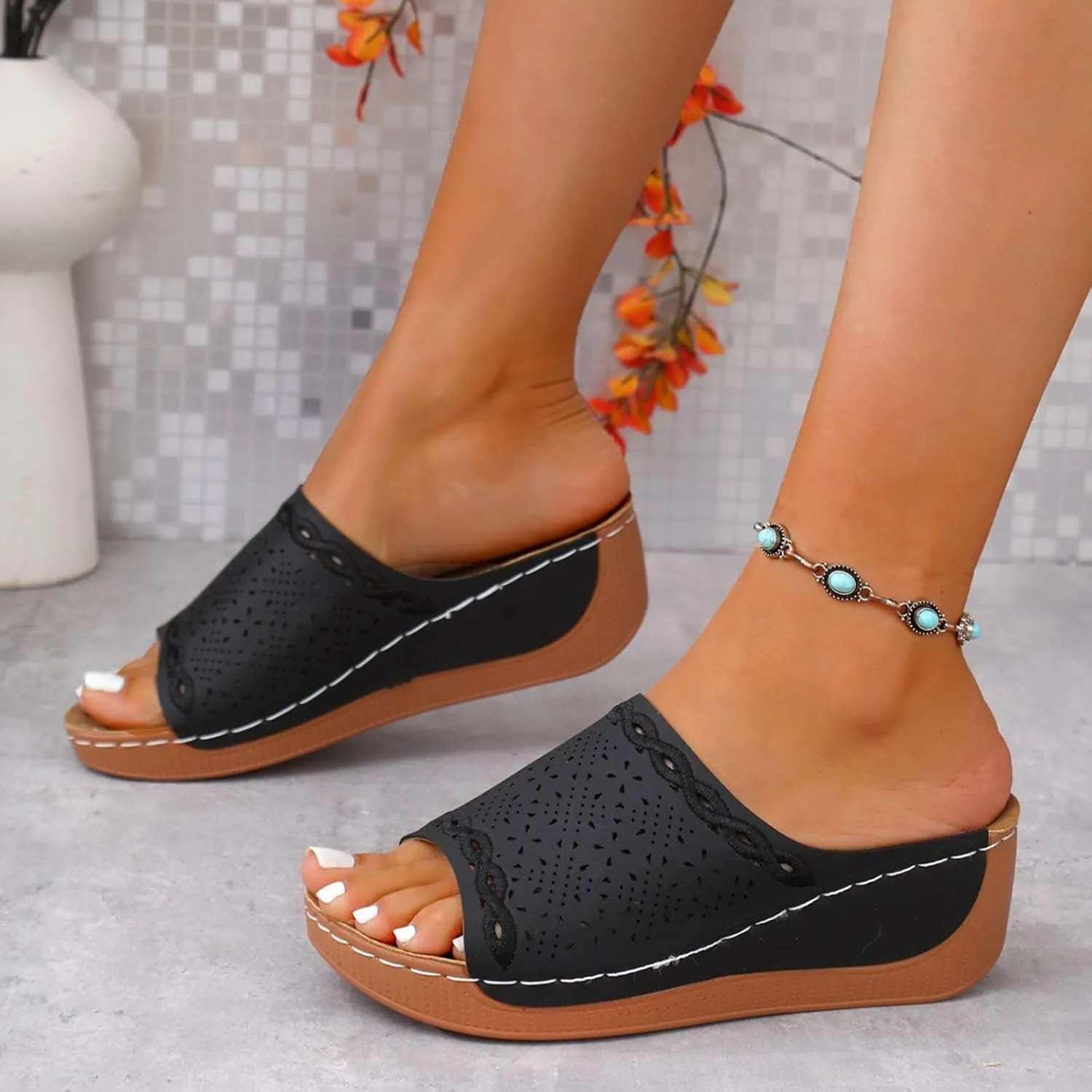 Wedge Sandals for Women Dressy Summer Comfortable Sandals Slip-On Platform Wedge Slides Shoes Casual Walking Hollow Out Beach Shoes