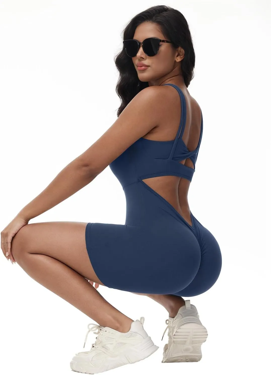Wenlia Women's One Piece Jumpsuit Sleeveless Short Bodycon Rompers Back Knotted Yoga Workout Bodysuit