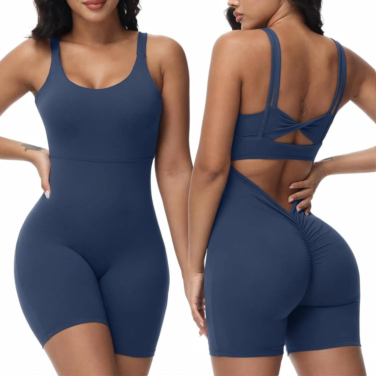 Wenlia Women's One Piece Jumpsuit Sleeveless Short Bodycon Rompers Back Knotted Yoga Workout Bodysuit