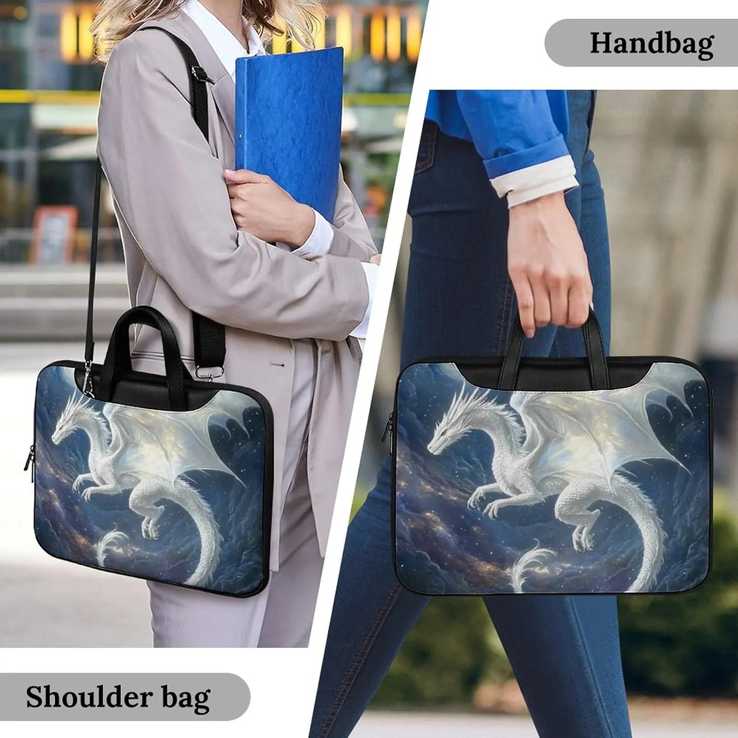 White Dragon Soaring Moon Moonlight Leather Bag Laptop Case Slim Water Resistant Computer Bags with Handle Briefcase for Work