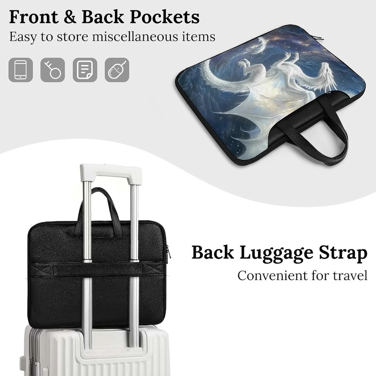 White Dragon Soaring Moon Moonlight Leather Bag Laptop Case Slim Water Resistant Computer Bags with Handle Briefcase for Work