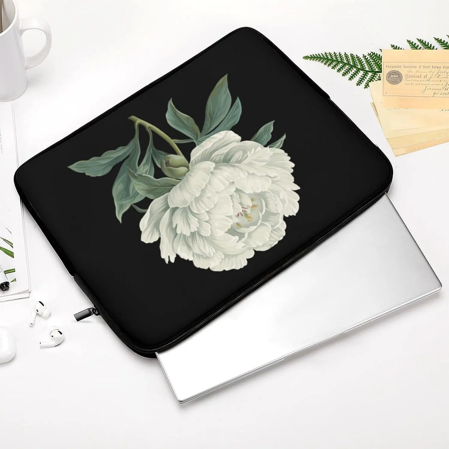 White Peony Flowers Personalized Laptop Bag Business Casual Laptop Cases Slim Computer Bag Briefcase