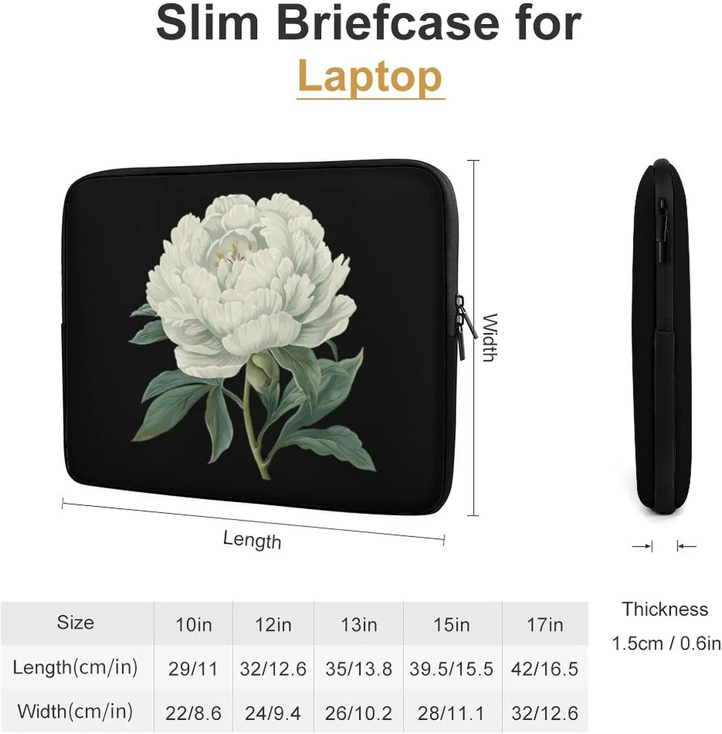 White Peony Flowers Personalized Laptop Bag Business Casual Laptop Cases Slim Computer Bag Briefcase