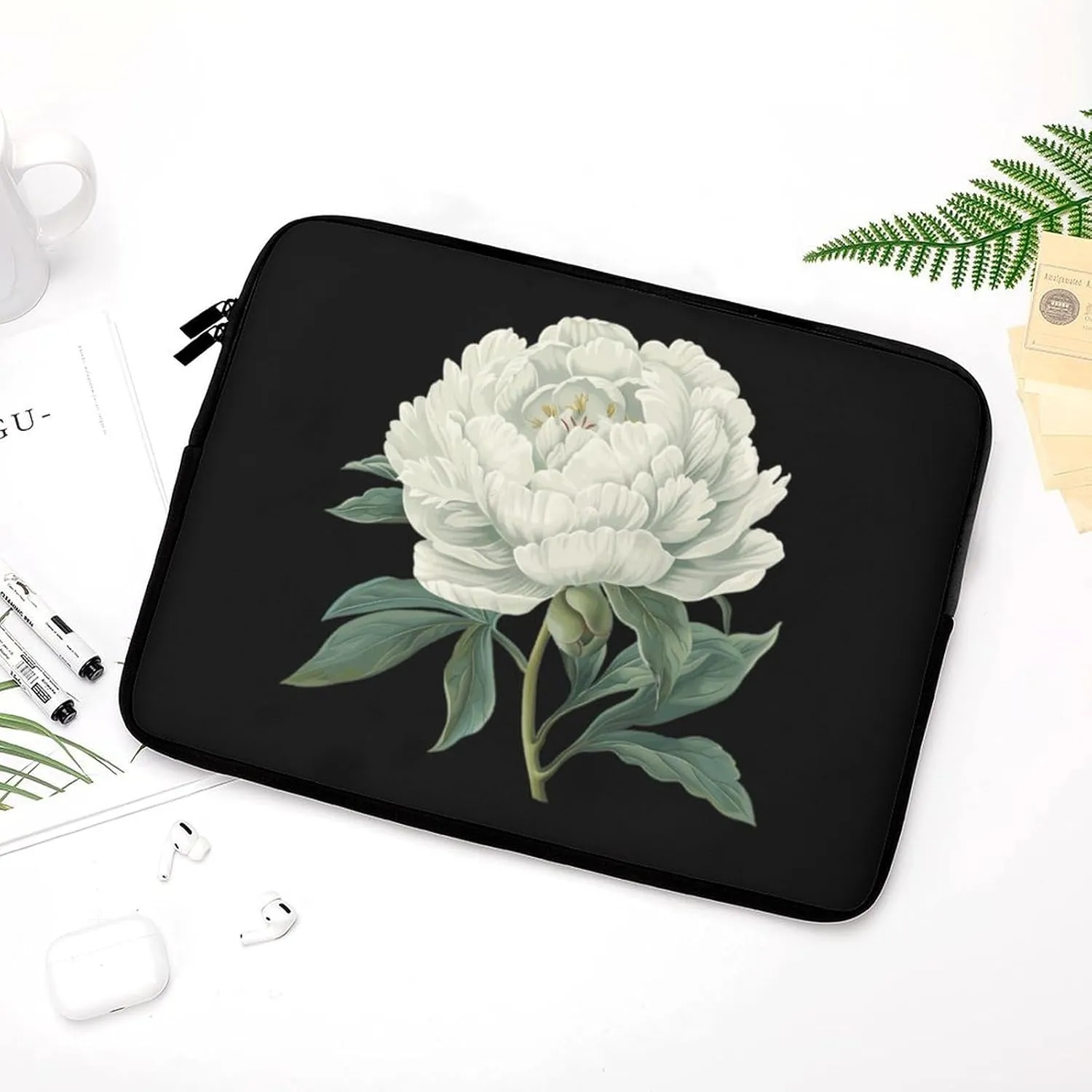 White Peony Flowers Personalized Laptop Bag Business Casual Laptop Cases Slim Computer Bag Briefcase