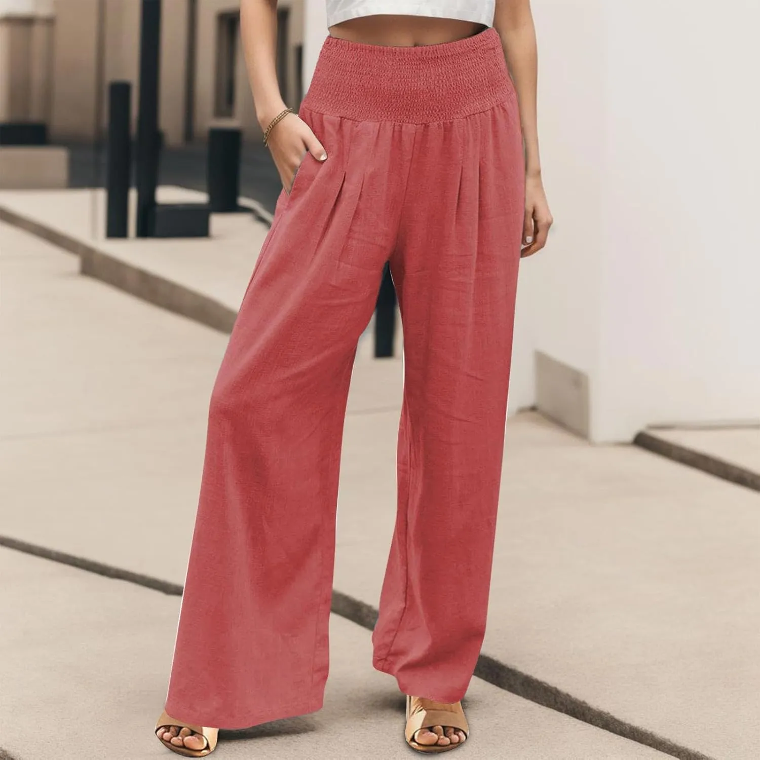 Wide Leg Linen Pants for Women Beach Summer Casual Elastic High Waist Loose Comfy Trousers Trendy Palazzo Pants with Pockets