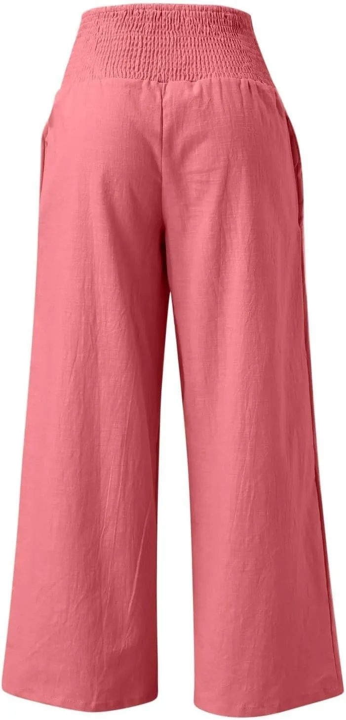 Wide Leg Linen Pants for Women Beach Summer Casual Elastic High Waist Loose Comfy Trousers Trendy Palazzo Pants with Pockets