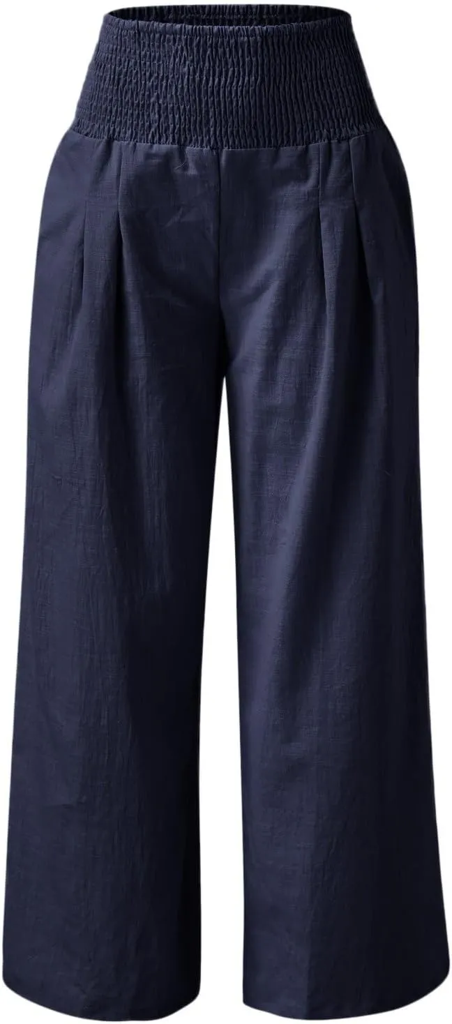 Wide Leg Linen Pants for Women Beach Summer Casual Elastic High Waist Loose Comfy Trousers Trendy Palazzo Pants with Pockets