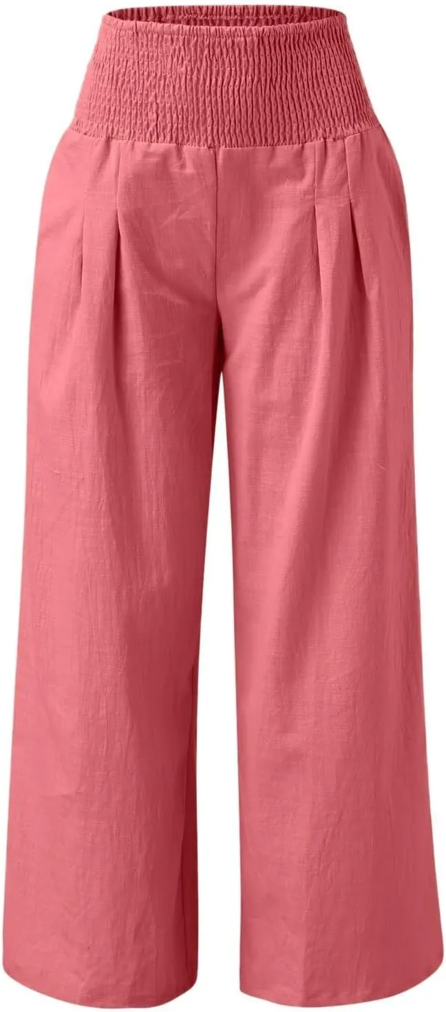 Wide Leg Linen Pants for Women Beach Summer Casual Elastic High Waist Loose Comfy Trousers Trendy Palazzo Pants with Pockets