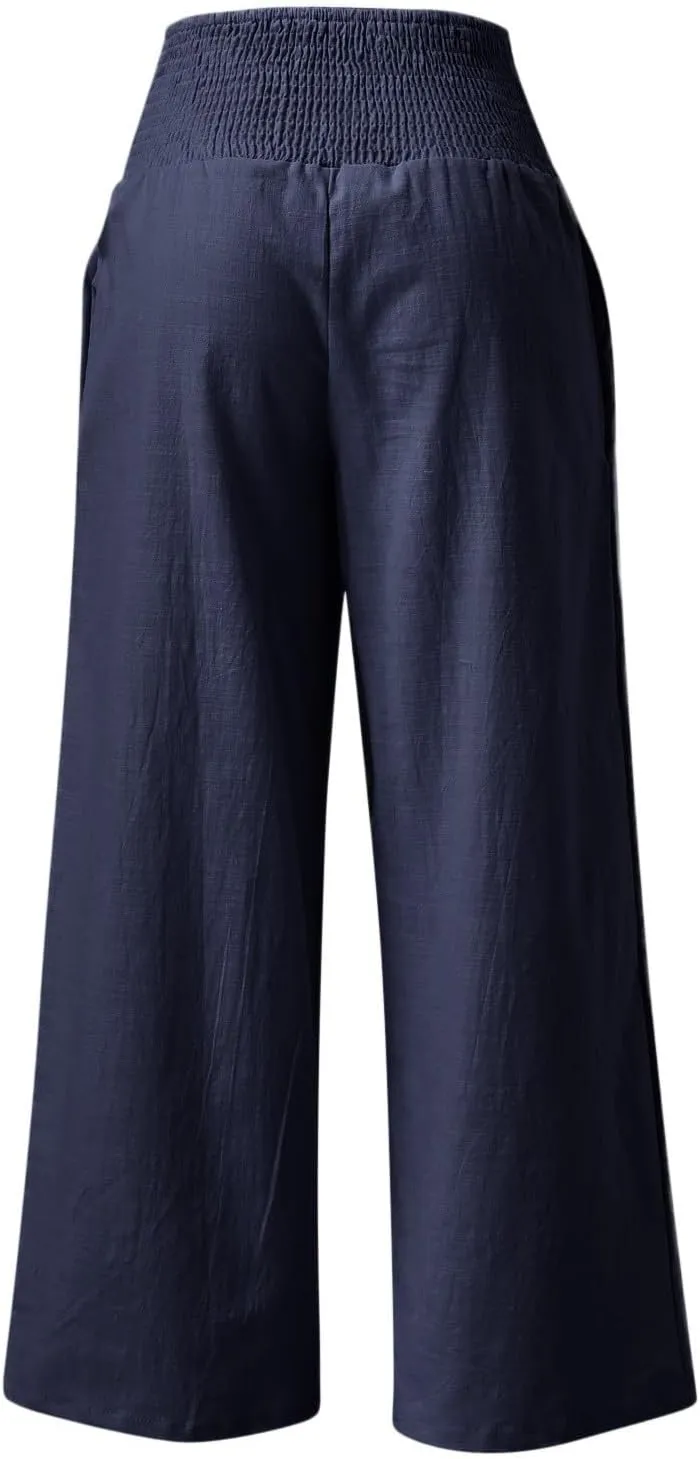 Wide Leg Linen Pants for Women Beach Summer Casual Elastic High Waist Loose Comfy Trousers Trendy Palazzo Pants with Pockets