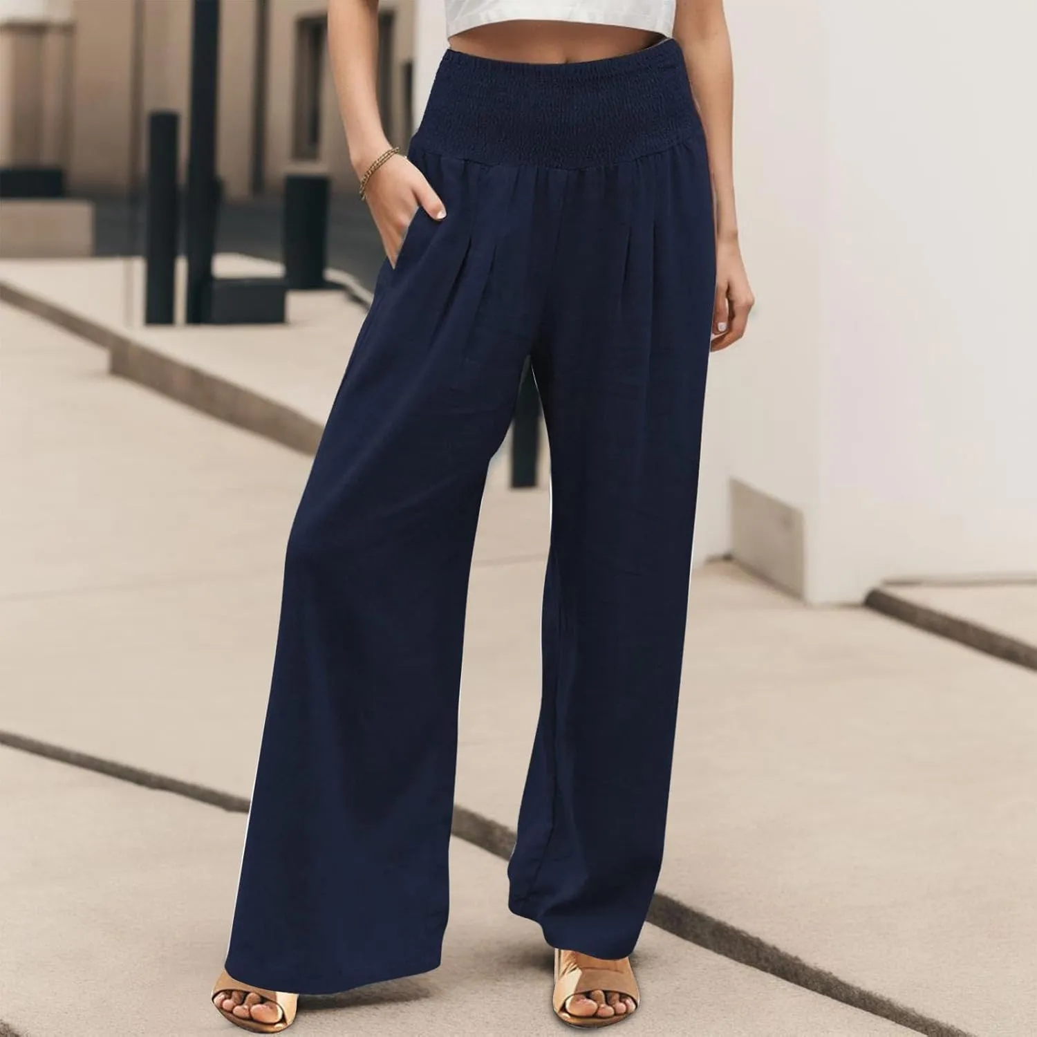 Wide Leg Linen Pants for Women Beach Summer Casual Elastic High Waist Loose Comfy Trousers Trendy Palazzo Pants with Pockets