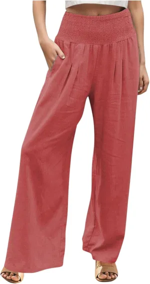 Wide Leg Linen Pants for Women Beach Summer Casual Elastic High Waist Loose Comfy Trousers Trendy Palazzo Pants with Pockets