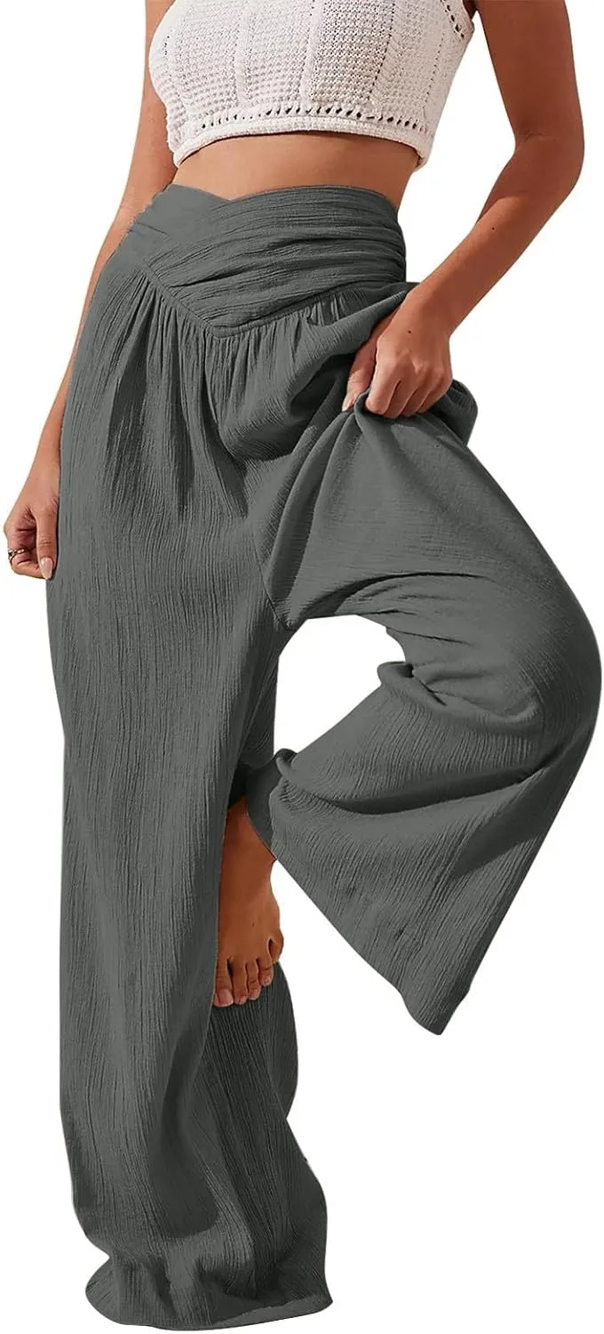 Wide Leg Linen Pants for Women Crossover High Waisted Palazzo Pants Casual Flowy Flare Beach Pants Resort Outfits
