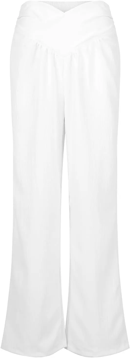 Wide Leg Linen Pants for Women Crossover High Waisted Palazzo Pants Casual Flowy Flare Beach Pants Resort Outfits