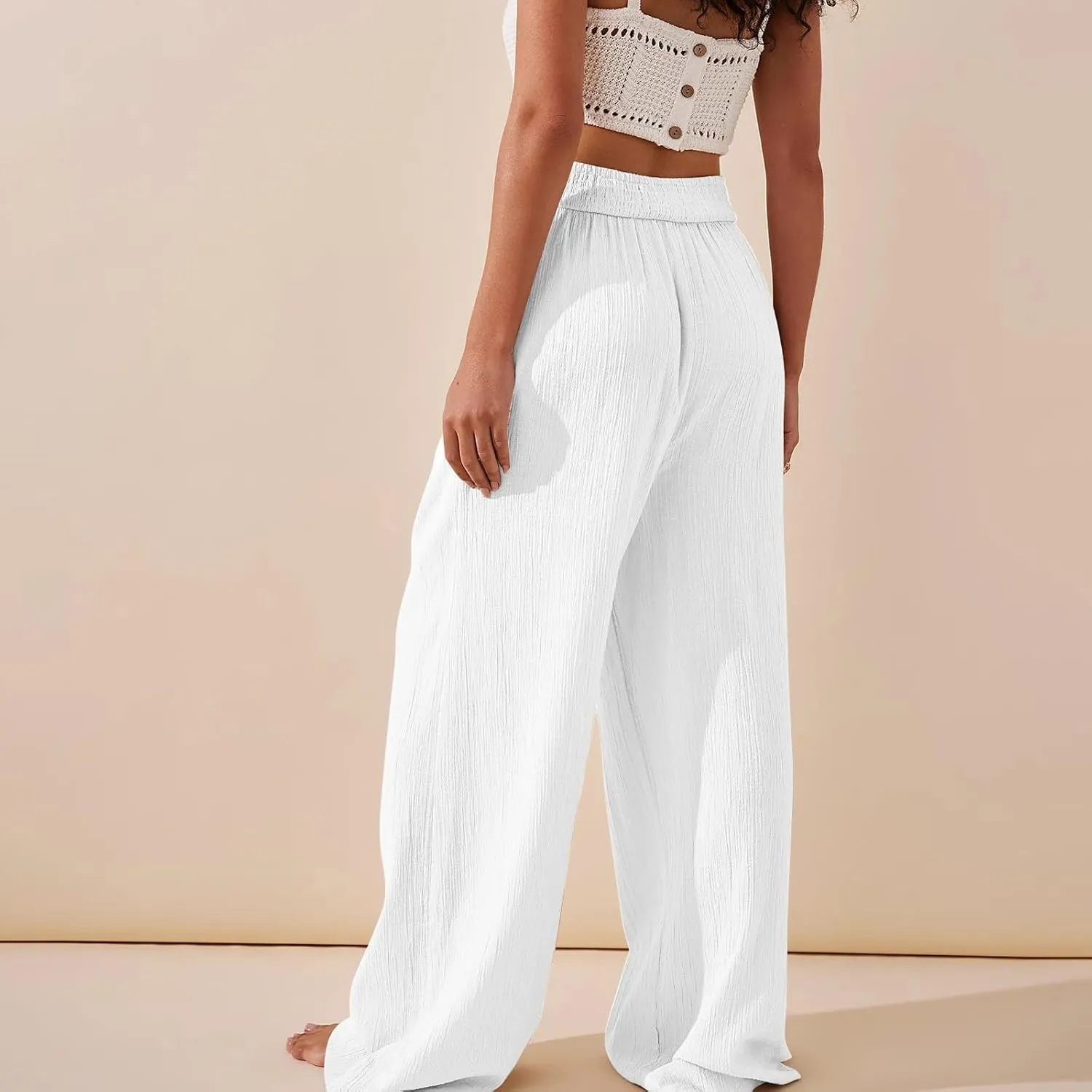 Wide Leg Linen Pants for Women Crossover High Waisted Palazzo Pants Casual Flowy Flare Beach Pants Resort Outfits
