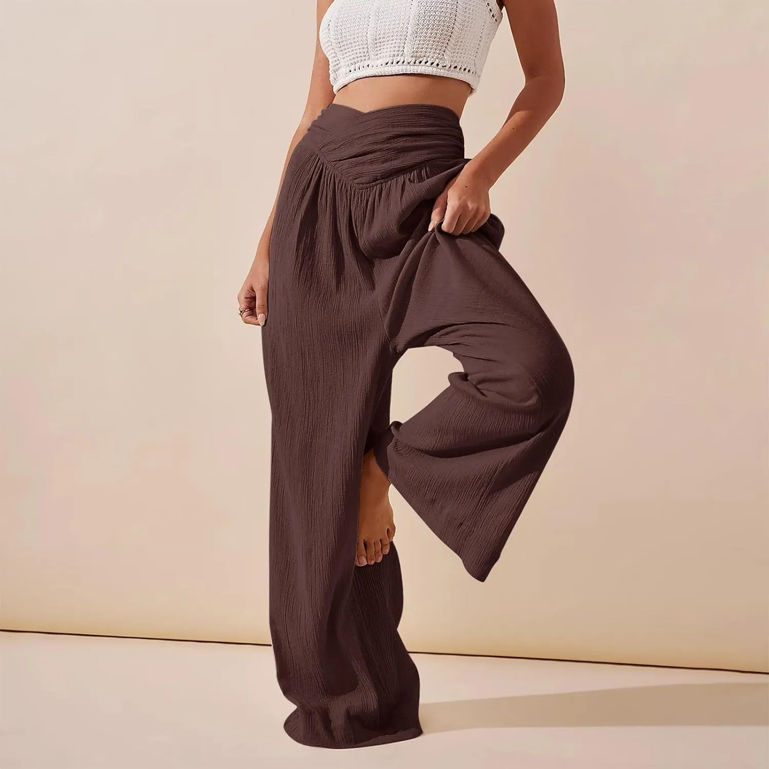 Wide Leg Linen Pants for Women Crossover High Waisted Palazzo Pants Casual Flowy Flare Beach Pants Resort Outfits