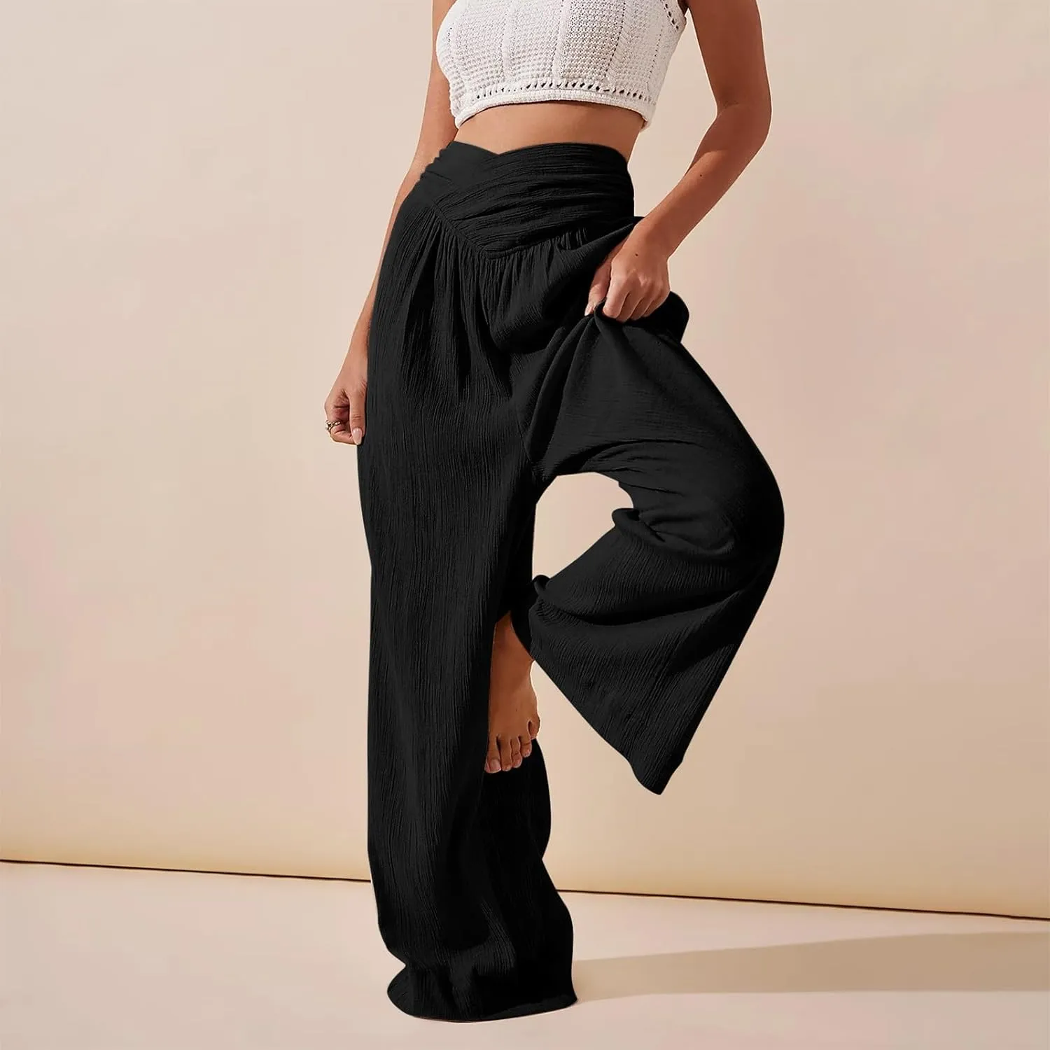 Wide Leg Linen Pants for Women Crossover High Waisted Palazzo Pants Casual Flowy Flare Beach Pants Resort Outfits