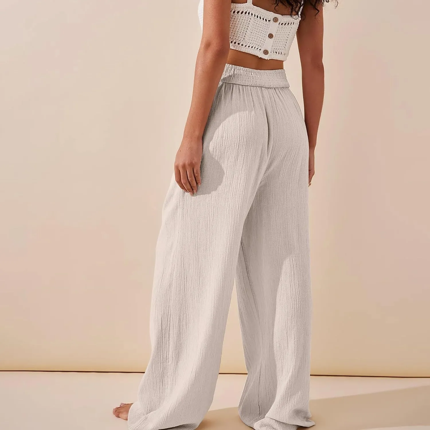 Wide Leg Linen Pants for Women Crossover High Waisted Palazzo Pants Casual Flowy Flare Beach Pants Resort Outfits