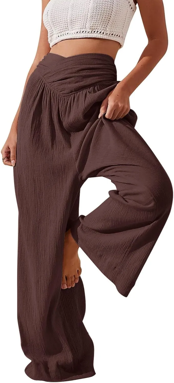 Wide Leg Linen Pants for Women Crossover High Waisted Palazzo Pants Casual Flowy Flare Beach Pants Resort Outfits