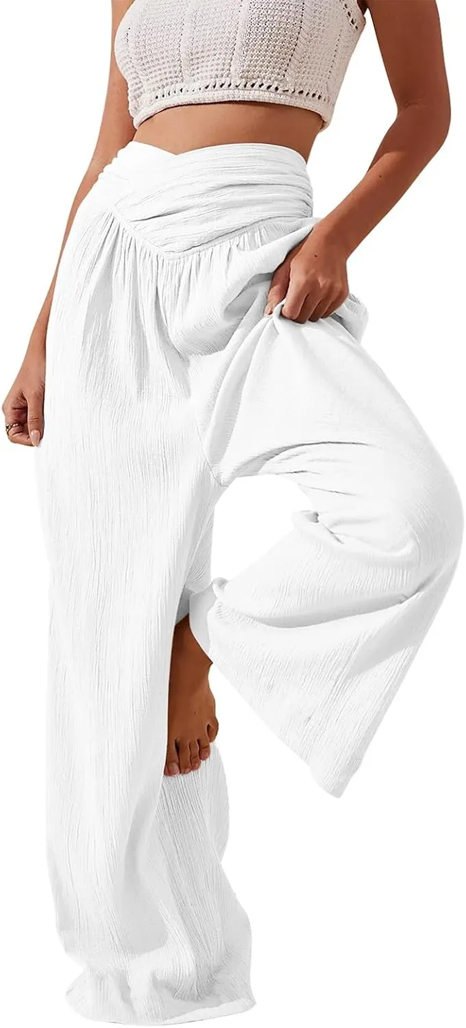 Wide Leg Linen Pants for Women Crossover High Waisted Palazzo Pants Casual Flowy Flare Beach Pants Resort Outfits