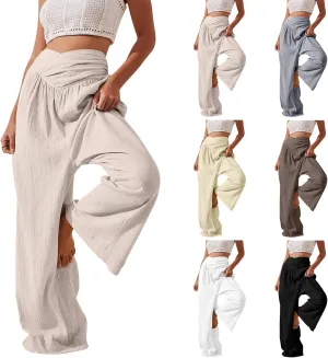 Wide Leg Linen Pants for Women Crossover High Waisted Palazzo Pants Casual Flowy Flare Beach Pants Resort Outfits