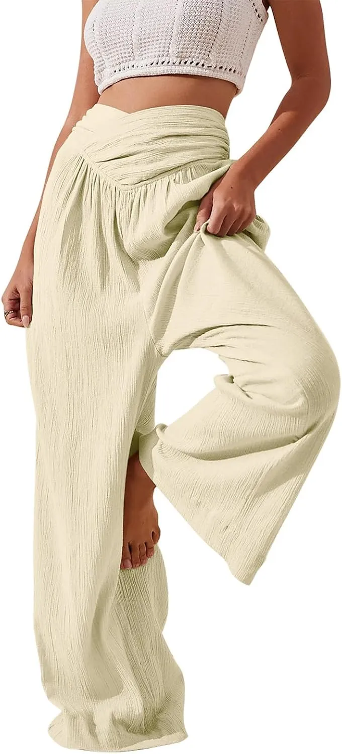 Wide Leg Linen Pants for Women Crossover High Waisted Palazzo Pants Casual Flowy Flare Beach Pants Resort Outfits