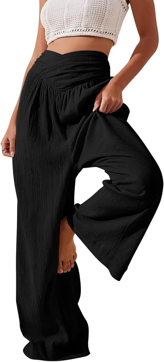 Wide Leg Linen Pants for Women Crossover High Waisted Palazzo Pants Casual Flowy Flare Beach Pants Resort Outfits