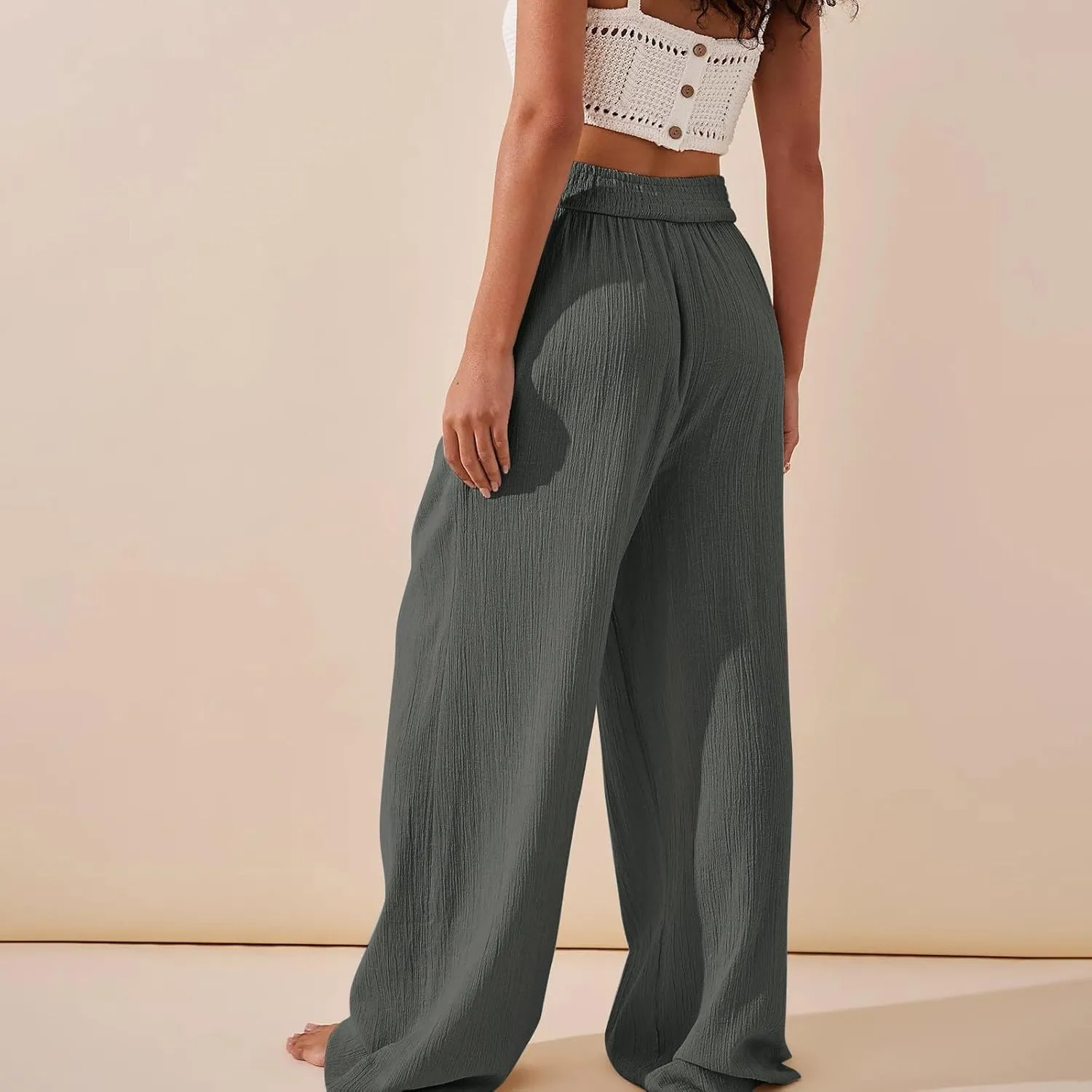 Wide Leg Linen Pants for Women Crossover High Waisted Palazzo Pants Casual Flowy Flare Beach Pants Resort Outfits