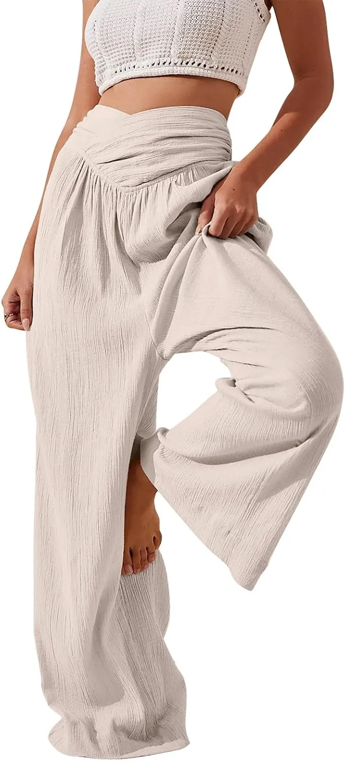 Wide Leg Linen Pants for Women Crossover High Waisted Palazzo Pants Casual Flowy Flare Beach Pants Resort Outfits