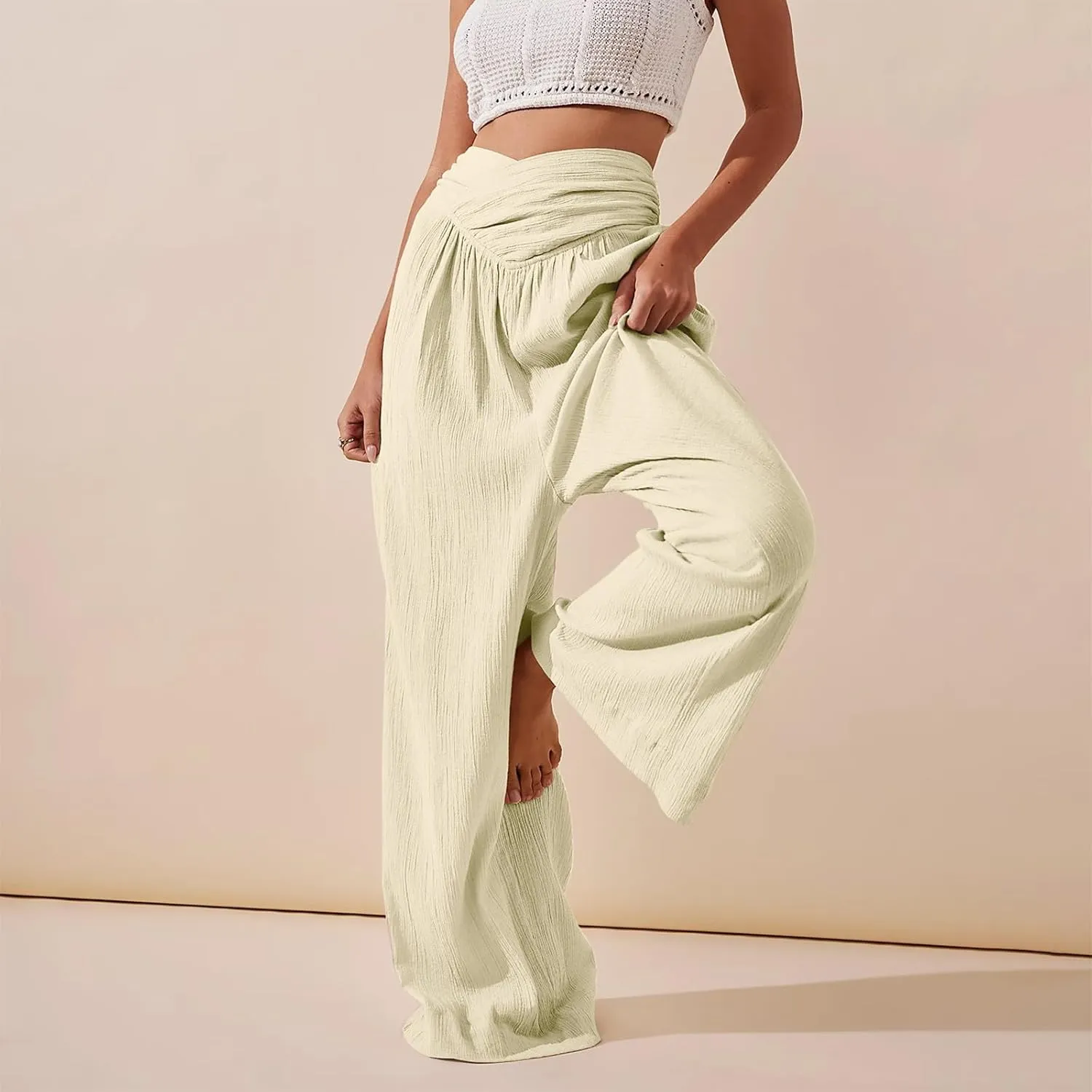 Wide Leg Linen Pants for Women Crossover High Waisted Palazzo Pants Casual Flowy Flare Beach Pants Resort Outfits
