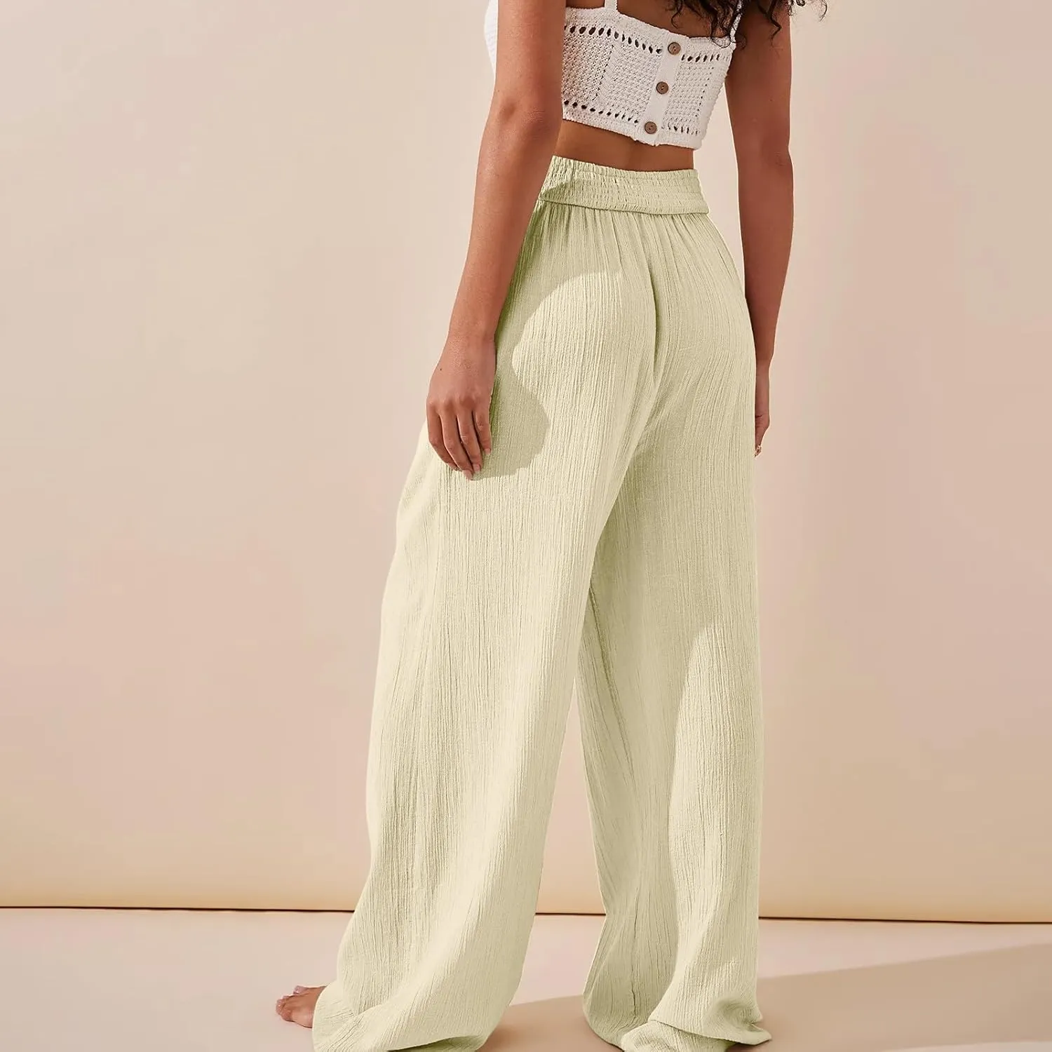 Wide Leg Linen Pants for Women Crossover High Waisted Palazzo Pants Casual Flowy Flare Beach Pants Resort Outfits