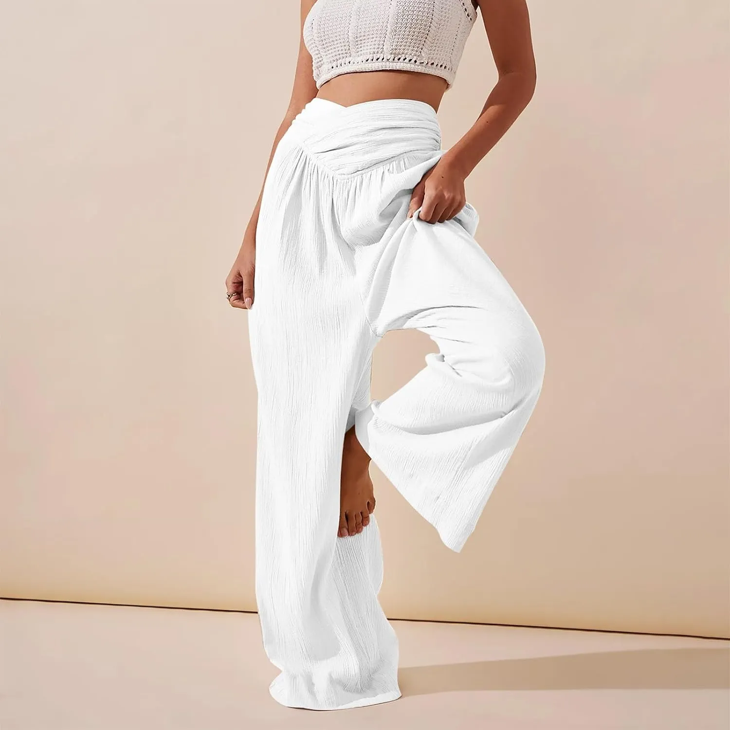 Wide Leg Linen Pants for Women Crossover High Waisted Palazzo Pants Casual Flowy Flare Beach Pants Resort Outfits