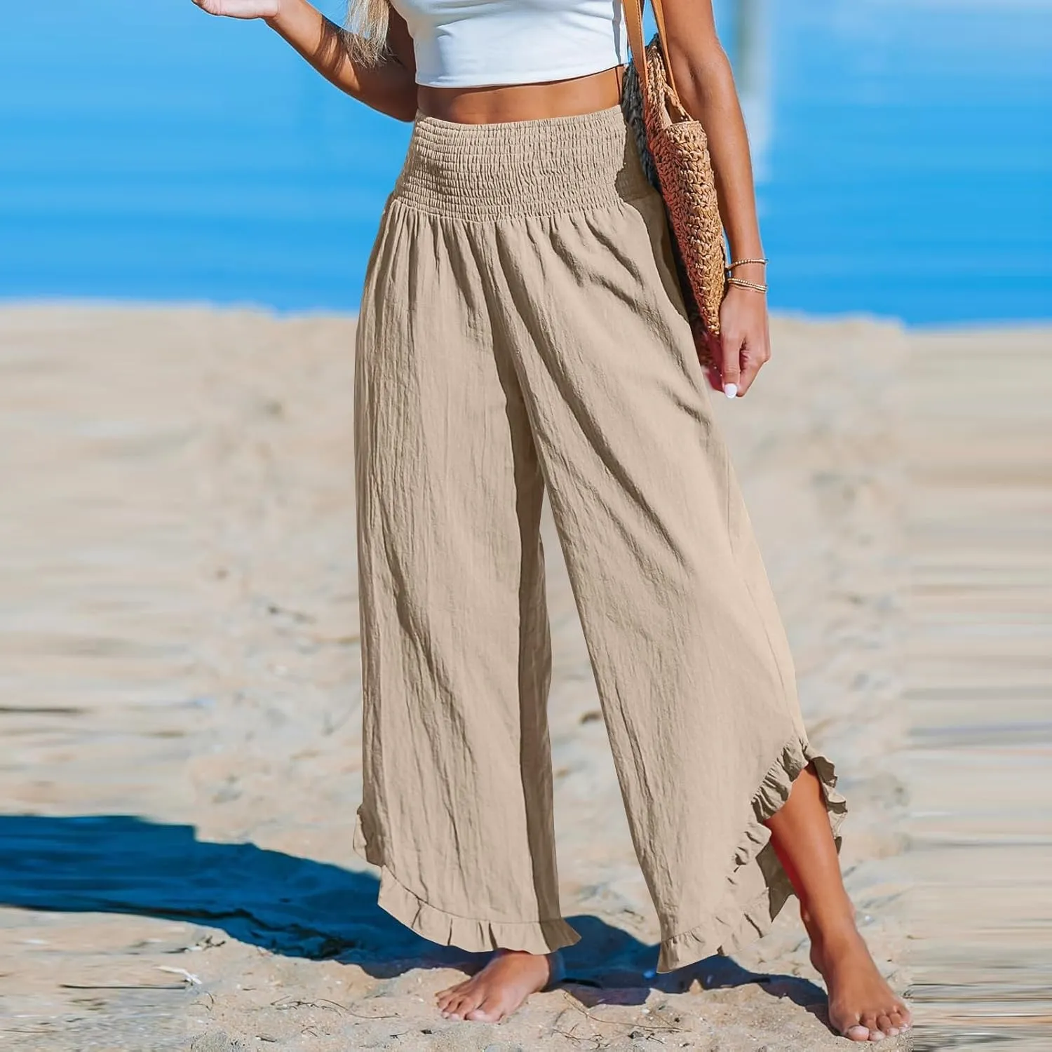 Wide Leg Linen Pants for Women Crossover High Waisted Palazzo Pants Casual Flowy Flare Beach Pants Resort Outfits