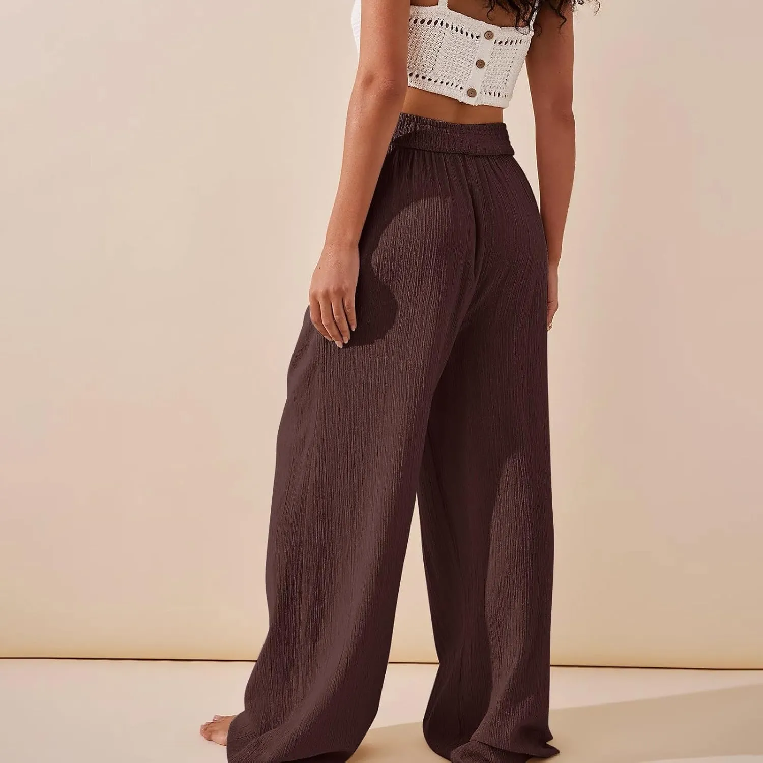 Wide Leg Linen Pants for Women Crossover High Waisted Palazzo Pants Casual Flowy Flare Beach Pants Resort Outfits