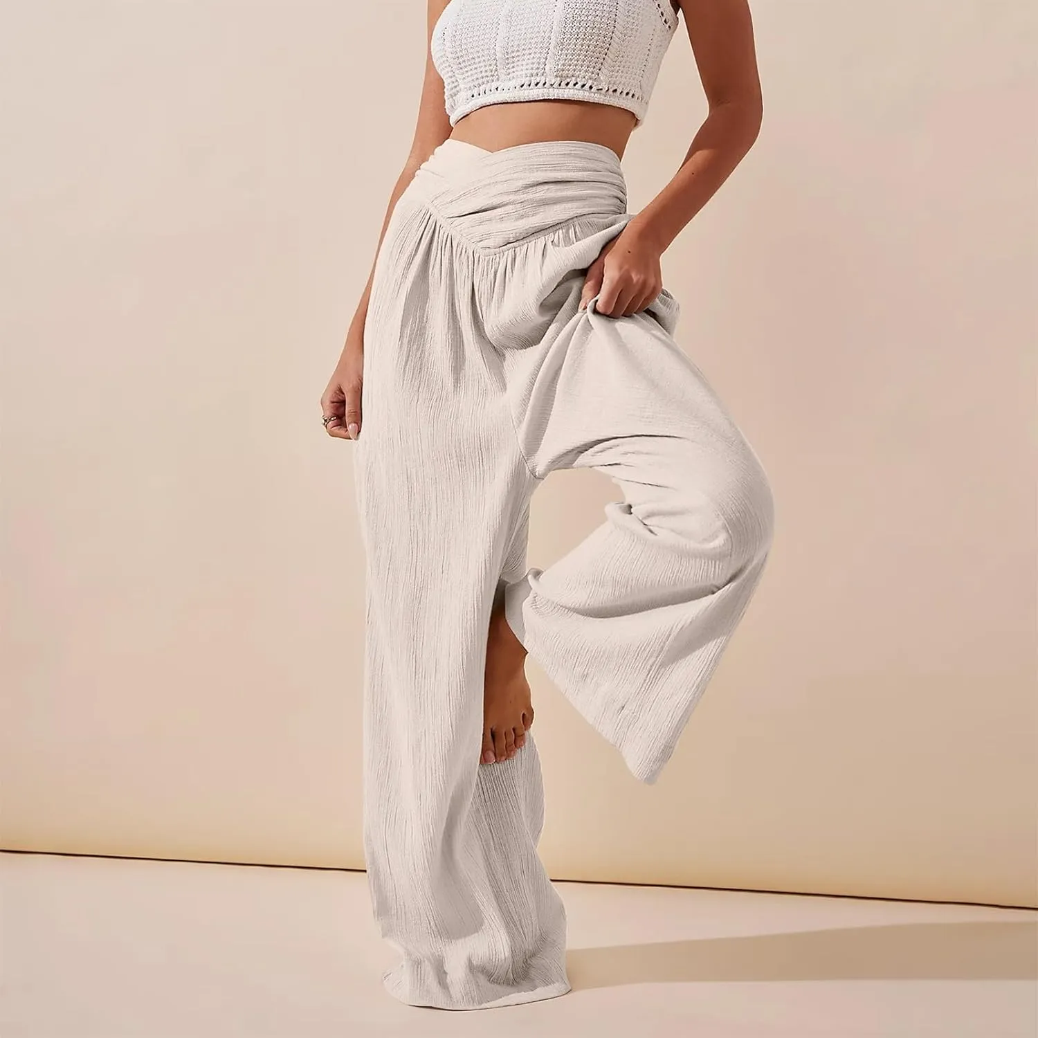 Wide Leg Linen Pants for Women Crossover High Waisted Palazzo Pants Casual Flowy Flare Beach Pants Resort Outfits