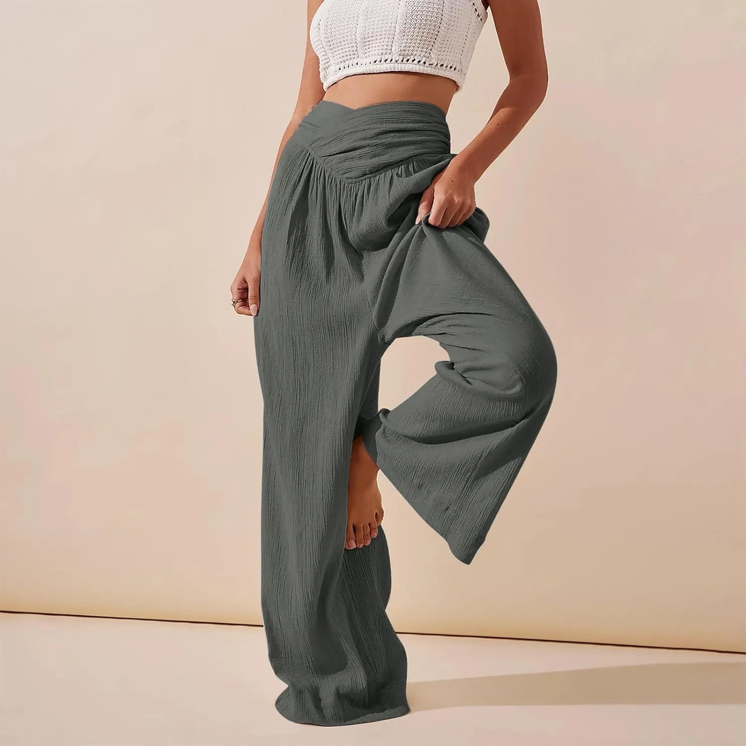 Wide Leg Linen Pants for Women Crossover High Waisted Palazzo Pants Casual Flowy Flare Beach Pants Resort Outfits