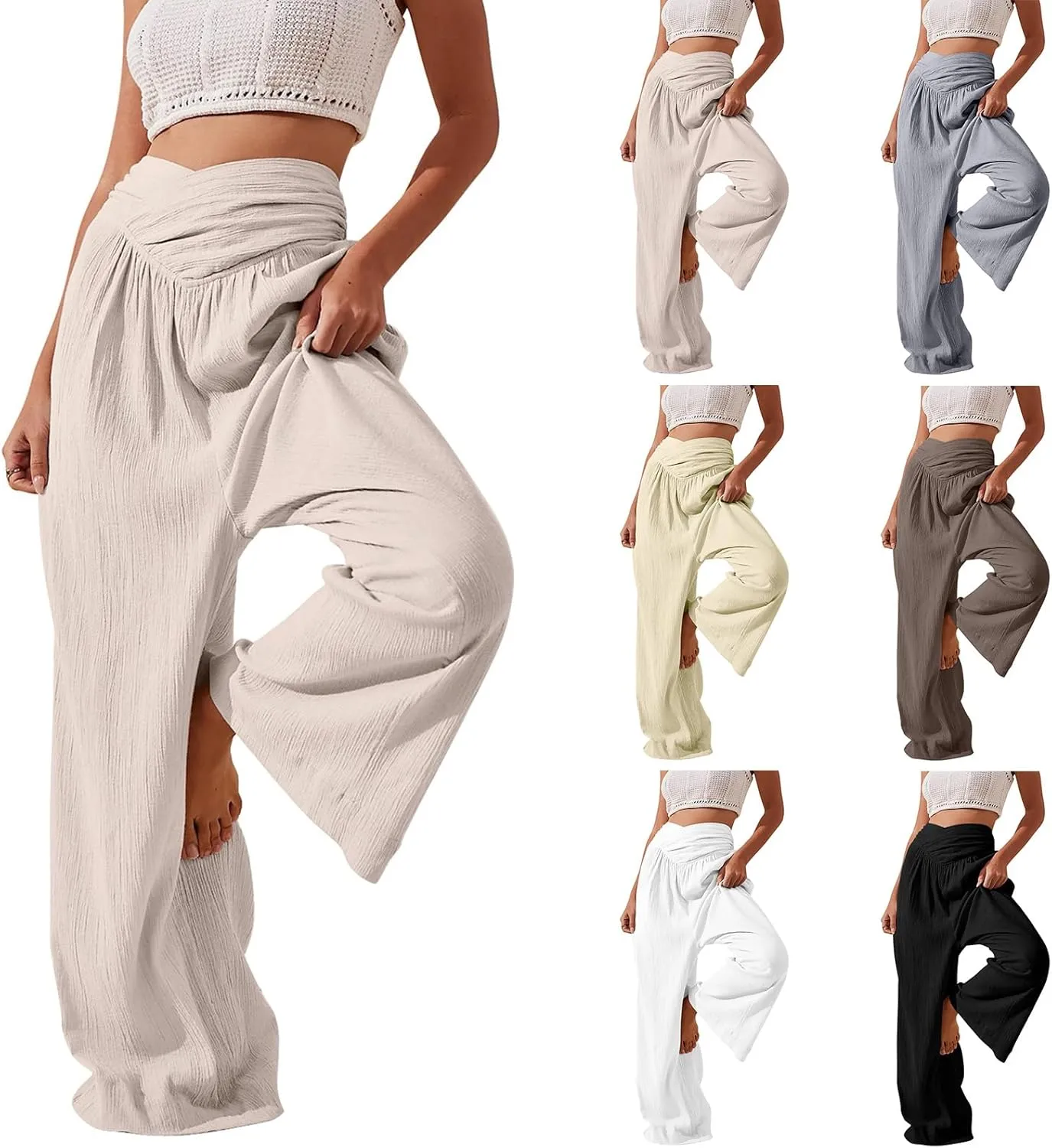 Wide Leg Linen Pants for Women Crossover High Waisted Palazzo Pants Casual Flowy Flare Beach Pants Resort Outfits
