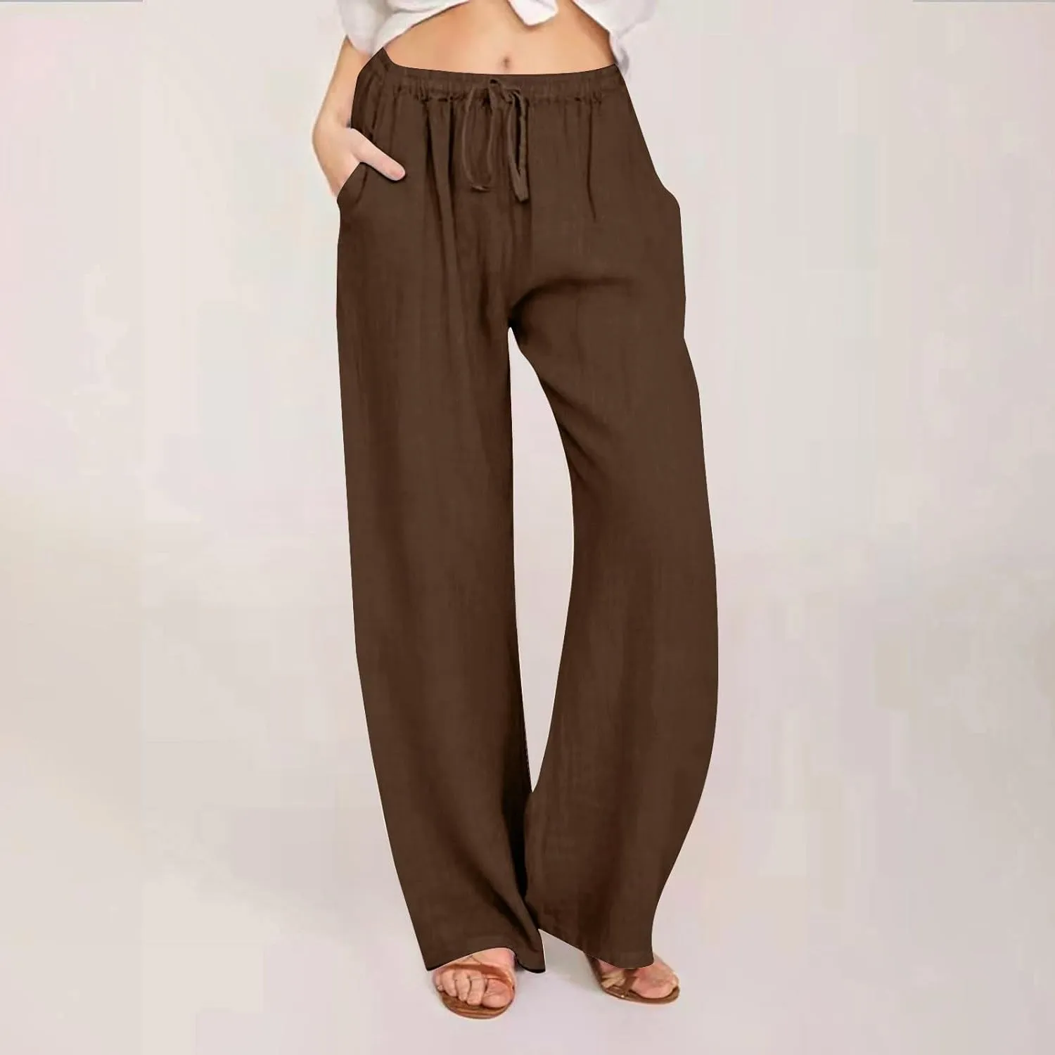 Wide Leg Linen Pants for Women Summer Casual Palazzo Pants Drawstring Lightweight Flowy Boho Beach Pants with Pockets