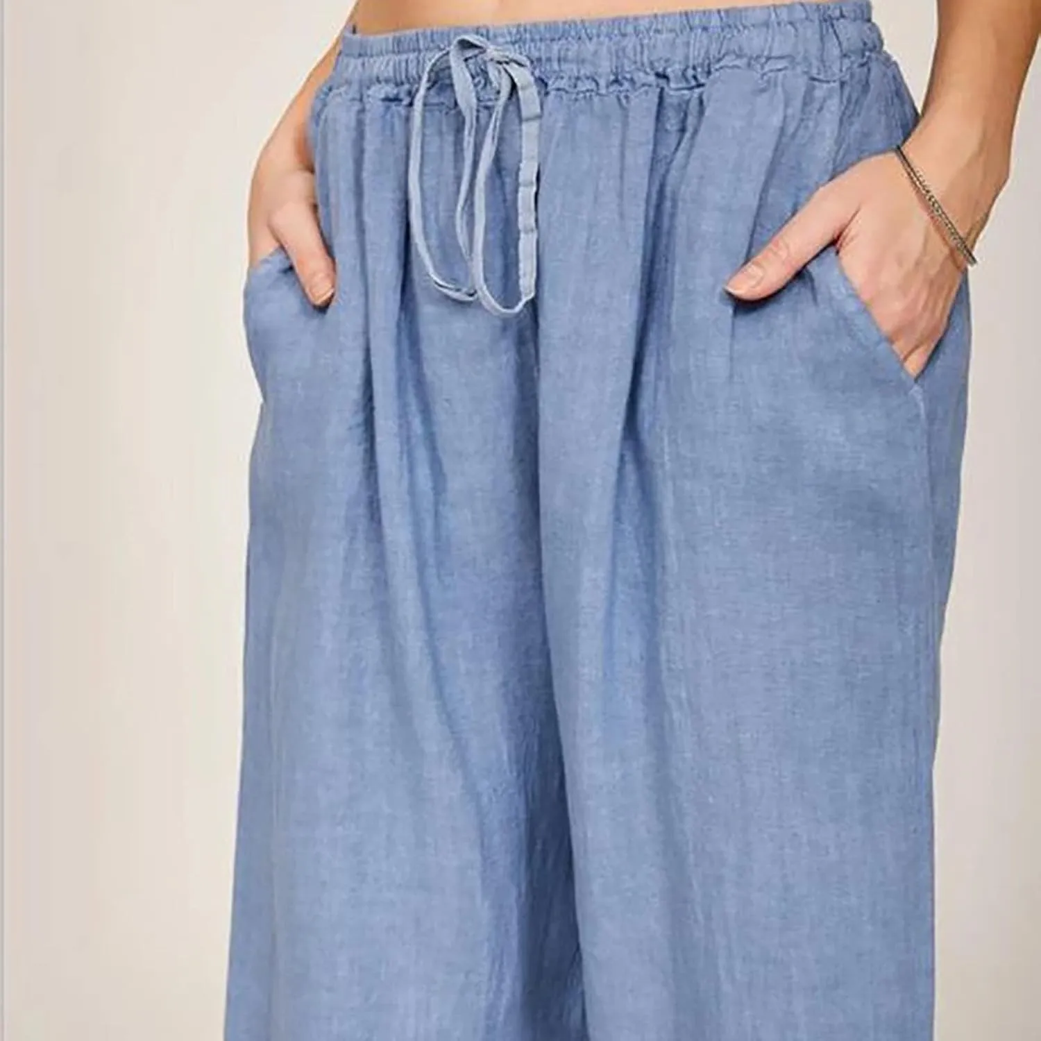 Wide Leg Linen Pants for Women Summer Casual Palazzo Pants Drawstring Lightweight Flowy Boho Beach Pants with Pockets