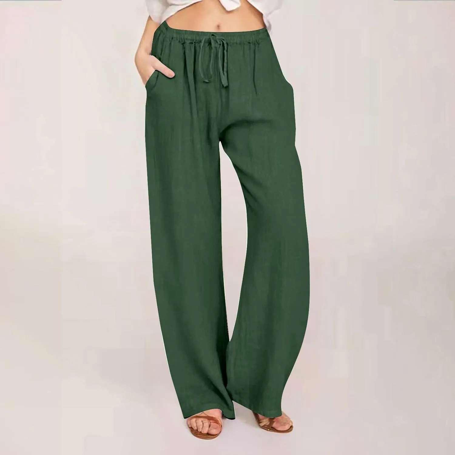 Wide Leg Linen Pants for Women Summer Casual Palazzo Pants Drawstring Lightweight Flowy Boho Beach Pants with Pockets