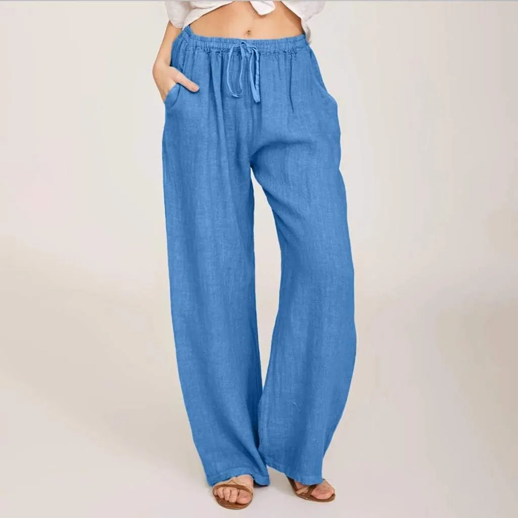 Wide Leg Linen Pants for Women Summer Casual Palazzo Pants Drawstring Lightweight Flowy Boho Beach Pants with Pockets