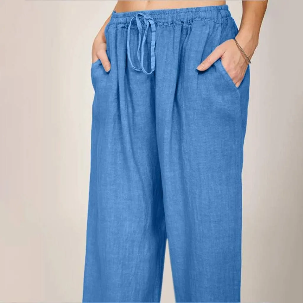 Wide Leg Linen Pants for Women Summer Casual Palazzo Pants Drawstring Lightweight Flowy Boho Beach Pants with Pockets