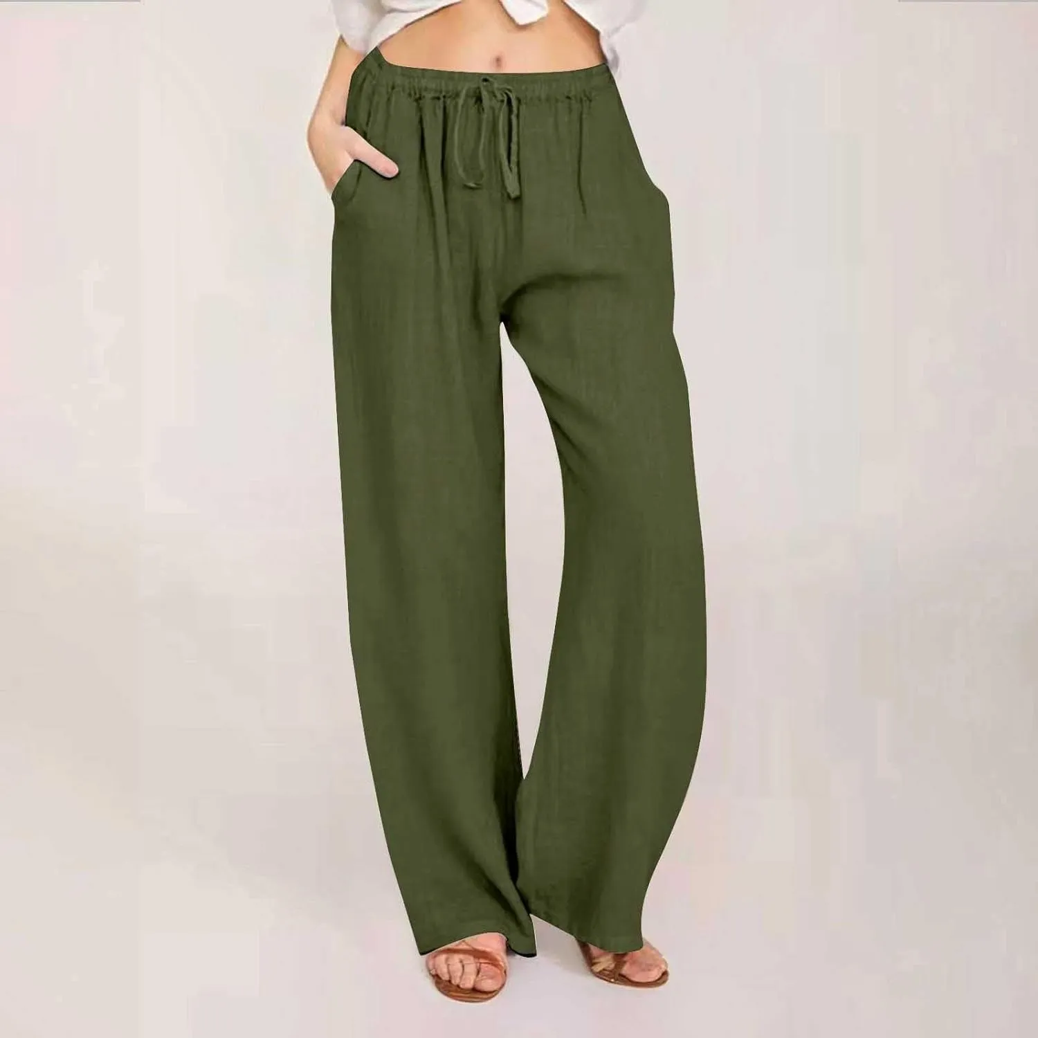 Wide Leg Linen Pants for Women Summer Casual Palazzo Pants Drawstring Lightweight Flowy Boho Beach Pants with Pockets