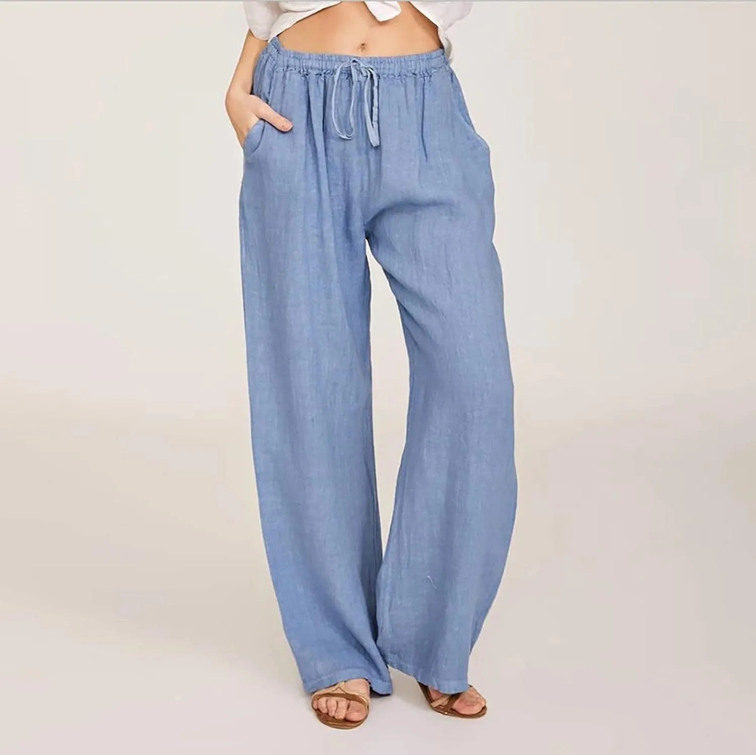 Wide Leg Linen Pants for Women Summer Casual Palazzo Pants Drawstring Lightweight Flowy Boho Beach Pants with Pockets